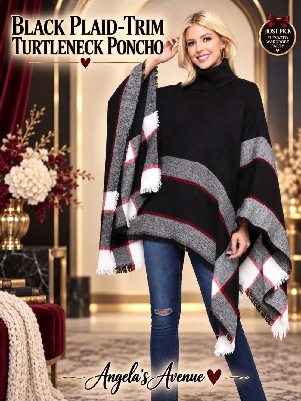 Black Plaid Contrast Turtle Neck Poncho 🎉HOST PICK🎉 NEW